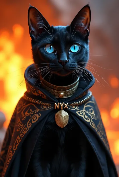  Create a very realistic black cat with a blue eye with a petra cape and a collar with a name: Nyx. And with a fire background 