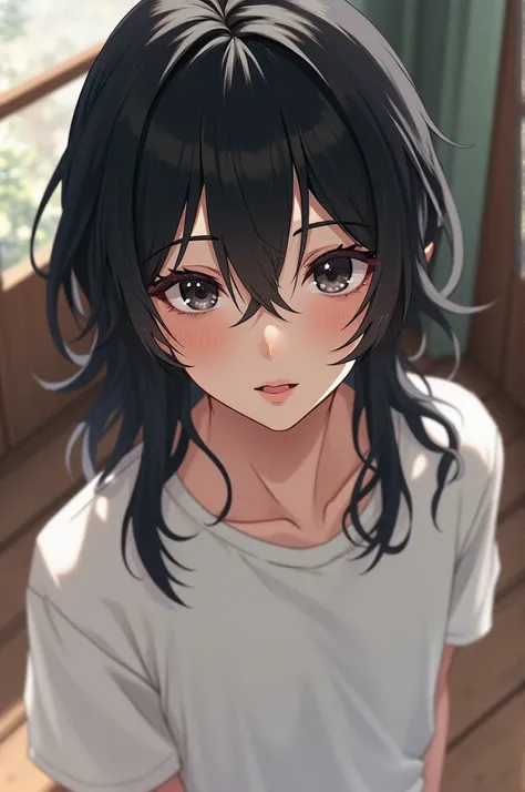 Anime, long-haired boy with bangs and cute facial hair wearing a white t-shirt, shot from a high angle, small black eyes, shy.