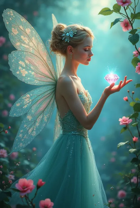  Create a picture of a fairy with a diamond in her hand. Use the colors turquoise and pink  