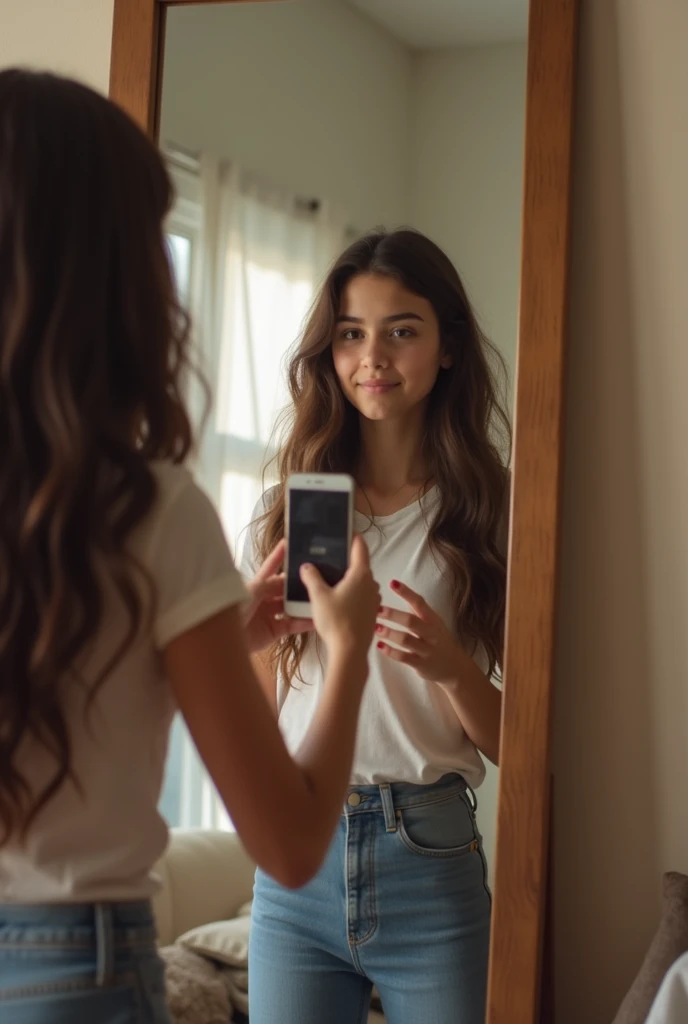 Photo of a 17-year-old teenage girl with long brown hair taking a picture with her cell phone in front of a full-length mirror