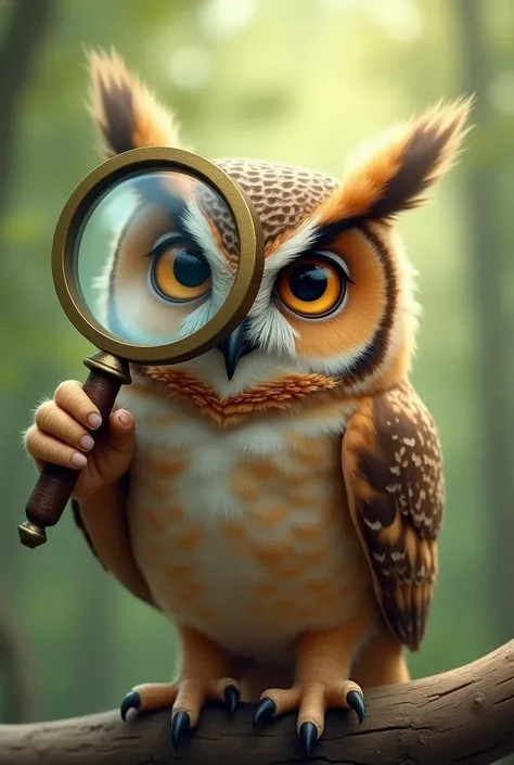  Create an owl that has a magnifying glass in its hand. that it is standing on a branch .  and there is a light green background 