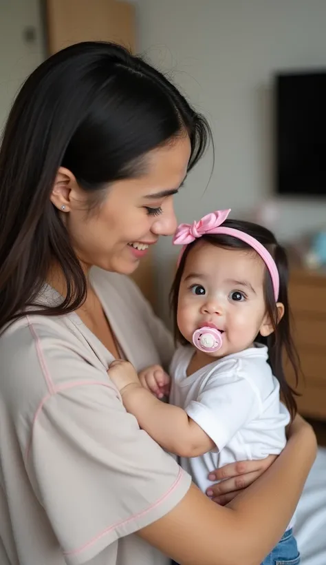 photo shoot of a young mother holding a baby girl in her arms. The girl was wearing a white t-shirt and had long black hair with two pink ribbons on her head. He smiled at the camera and looked directly at the audience. The baby girl also wore a pink headb...