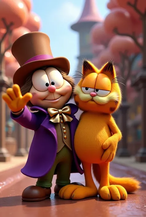  Garfield taking a selfie with Willy Wonka from the original Fantastic Chocolate Factory movie, The setting features a chocolate river and candy trees  