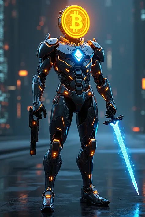 generated an image with the prompt: Captain Crypto, a futuristic warrior, made of gleaming digital armor combining liquid metal and neon light. His head is a shining golden Bitcoin, emitting warm glow. His chest is a holographic display showing cryptocurre...