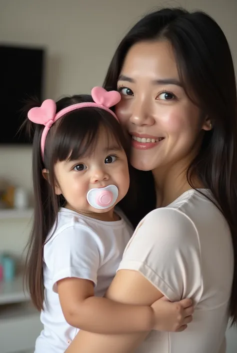 photo shoot of a young mother holding a baby girl in her arms. The girl was wearing a white t-shirt and had long black hair with two pink ribbons on her head. He smiled at the camera and looked directly at the audience. The baby girl also wore a pink headb...