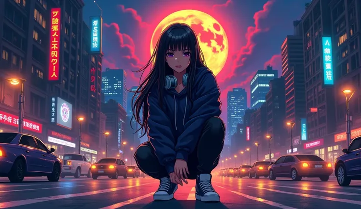 "An impactful anime-style illustration of a determined female character in an urban night setting. She is crouching confidently in the middle of a bustling street, surrounded by cars with headlights on. The background features a city skyline under a glowin...