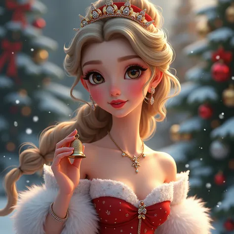 A Charming Princess Wearing White And Red Congratulation Gown, Red Diamond Earrings And Nackless And Breslate, The Princess Holding Christmas Golden Bell In His Hand, Background Features Is Outdoor Snowfall. Christmas Tree fully Decorated, Fully Deteling F...