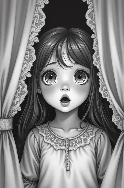 Prompt: A hyperdetailed photorealistic black and white pencil sketch of a five year old girl, dressed in old fashioned pajamas, peeking between two lace curtains with a look of wonder and awe on her face, her jaw dropped. A red glow bathes her face. Her ey...