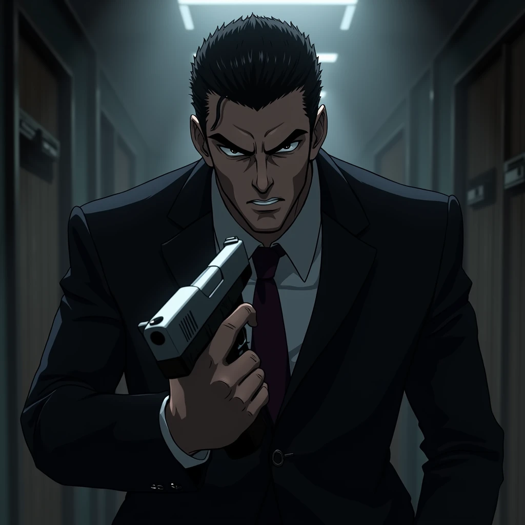 Anime Mafia guy in the dark holding a gun