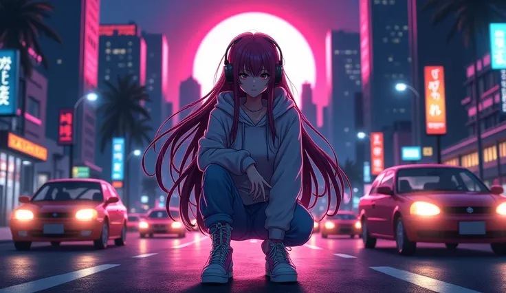 "An impactful anime-style illustration of a determined female character in an urban night setting. She is crouching confidently in the middle of a bustling street, surrounded by cars with headlights on. The background features a city skyline under a glowin...