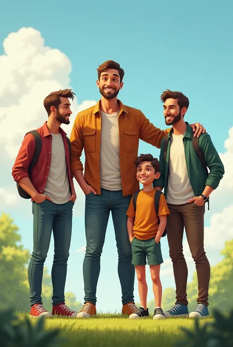 There are male four friends, one is tall, the other is short, and the other two are medium height.