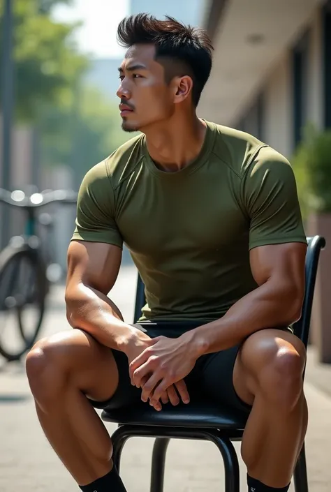 Realistic images (( 1 Korean man sitting on a chair  ,(Wear a short sleeve round neck cycling shirt in olivegreen，)) , (((Big arm muscles,  tight breasts ,  Muscle Bundle, ))), ((( football shorts )), (((Men with short hair))), (((, big muscles, big torso)...