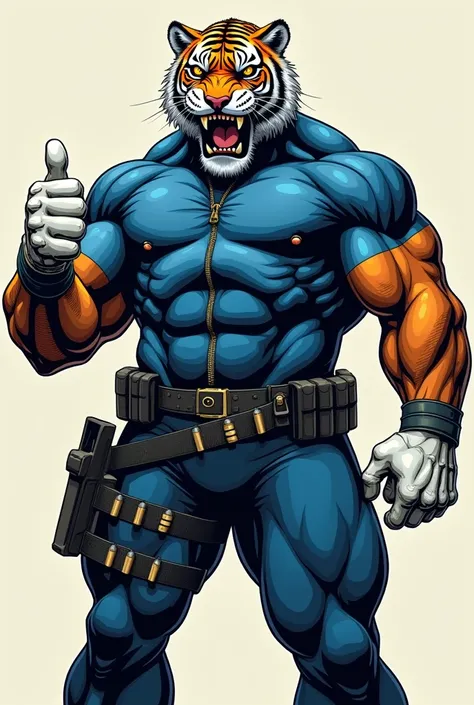 (A rugged beefy extremely muscular bulky old man), (wearing blue fullbody zipper wetsuit), (wearing realistic roaring tiger mask), thumbs up pose,  wearing bulky scuba gear, muscular physique, toned muscles, fierce, heroic, action, comic artstyle, bulky be...