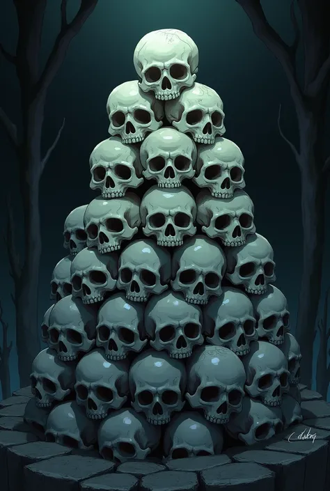 Creates an image of several small skulls, all of them together, one on top of the other, the skulls fill the entire image, dark anime theme, horror 