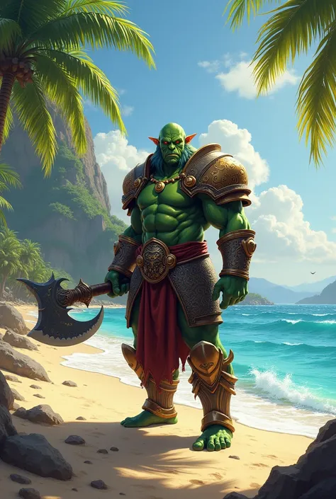 An orc with a profession as a paradin puts on a light island and uses a claw axe as a weapon.