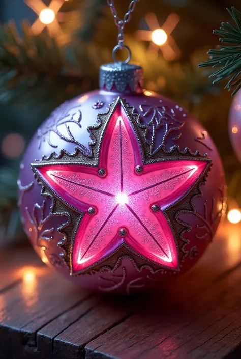  Make me a medium sphere that inside it says Star in fuchcia, That it is detailed ,  with adequate contrast ,  that shines and that it is a Christmas sphere 