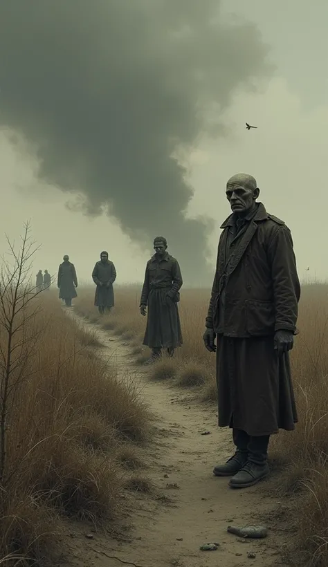 "A bleak Ukrainian village during the Holodomor, with starving peasants and empty fields under a grey sky."
