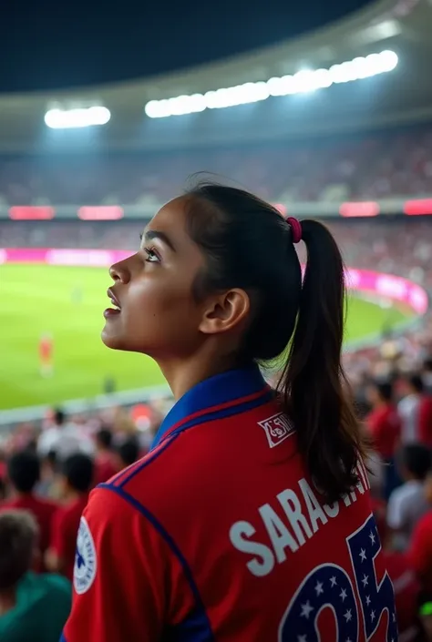 19 years girl watching Nepals cricket match wearing Nepals cricket jersey with name saraswoti and jersey number 25 on her back full body photo 