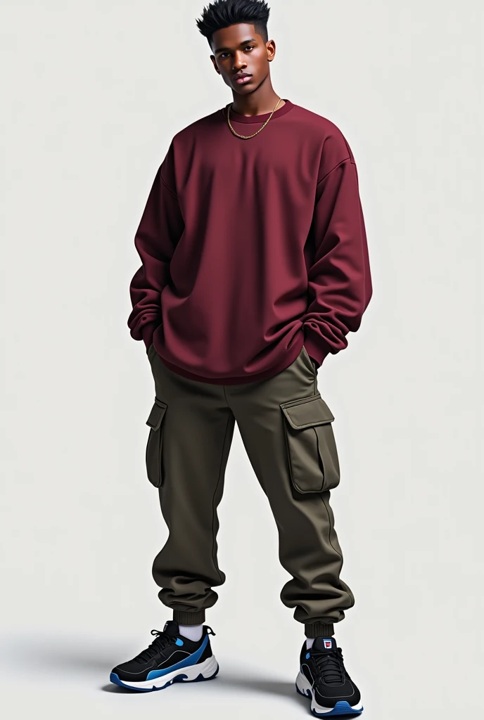 Create the image of a brown-skinned man with black hair with a gradient on the sides, posing for a photo standing with an oversized burgundy shirt that is not so long and well-fitting and cargo jogger pants that are not so tight and not so loose and Fila S...