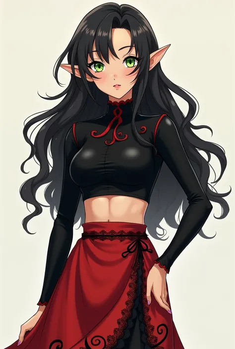  tall anime girl ,  standing and looking straight ahead ,  design with a pose that radiates confidence and grace .  Her wavy black hair falls to the shoulders ,  framing her thin pointed elf ears ,  that give a magical and mystical touch . his eyes,  Of a ...