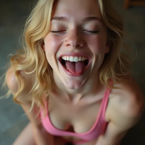 Closeup of a female young Elle Fannings face, actress Elle Fanning when she as 16, skinny, small breasts, blond haired girl, NSFW, explicit,  wearing a tiny and sexy pink gym top, mouth very wide open and smiling, sticking out tongue,  dropping milk from h...