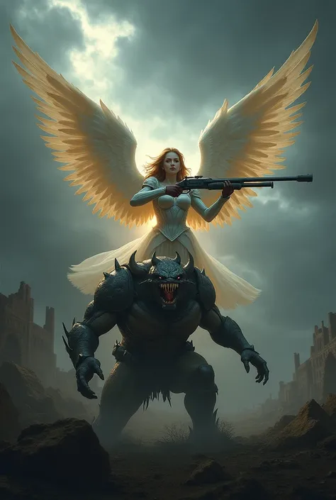 Create an image of an angel using a shotgun against a demon 