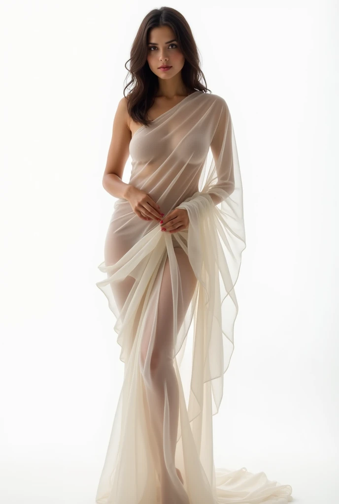  1 slim Indian woman,transparent sari light yarn,Big breasts(d),  white background ,((Whole body 1:5)),Face forward