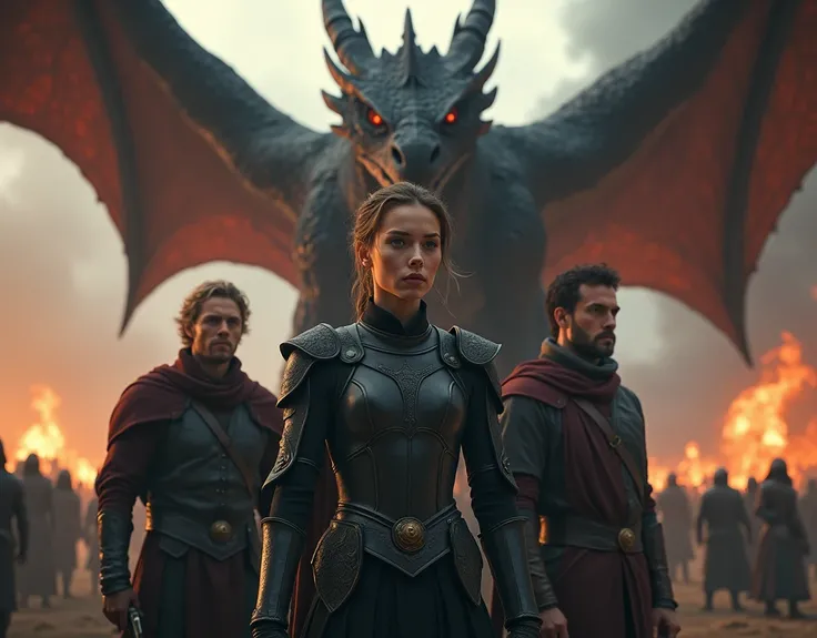 A clever but frail young woman, standing in black armor beside a massive dark-scaled dragon. On one side, a handsome man, sandy blonde hairs, stands protectively, his face showing concern. On the other side, a well-built handsome man, gazes at her with bro...