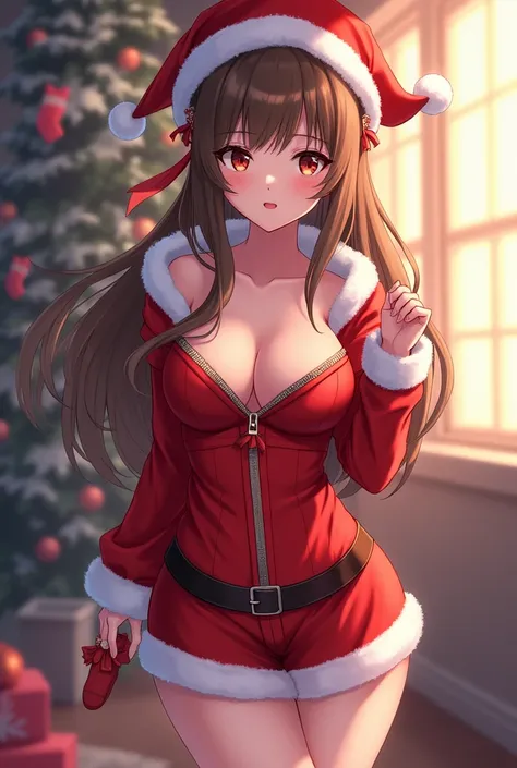 An anime character in short Christmas clothes that are very sexy 