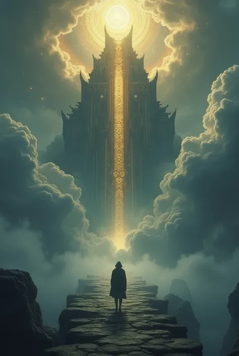 A dark, epic, and dreamlike divine scene, with a mystical, otherworldly atmosphere. A massive celestial temple stands amidst stormy clouds, glowing faintly with ethereal light. The temple is adorned with intricate golden symbols and surrounded by floating ...