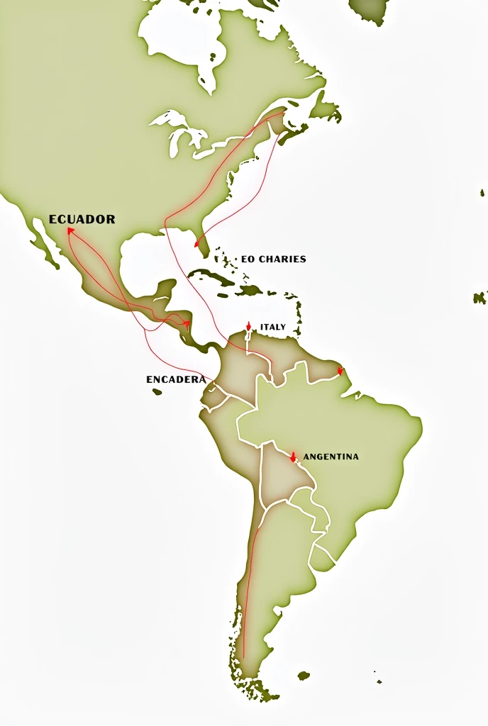 the map with red arrows showing the migratory routes from Ecuador to Spain, Italy,  United Kingdom ,  United States , Chile and Argentina .
With colors and the names of the countries on the map
