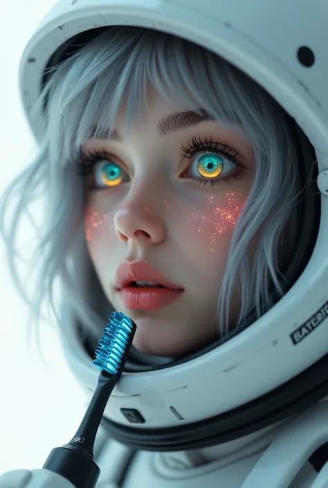 ( close-up of an excellent masterpiece:1.5)0.9]，(Space and astronauts:1.2) (Messy silver hair:1.1) (Heterochromia yellow blue eyes:1.2) (Space Helmet:1.0) ( has colored stars in her eyes:1.0) (Dazzling light:1.1) (Thick lips:0.9)Solar Charging Option
Charg...