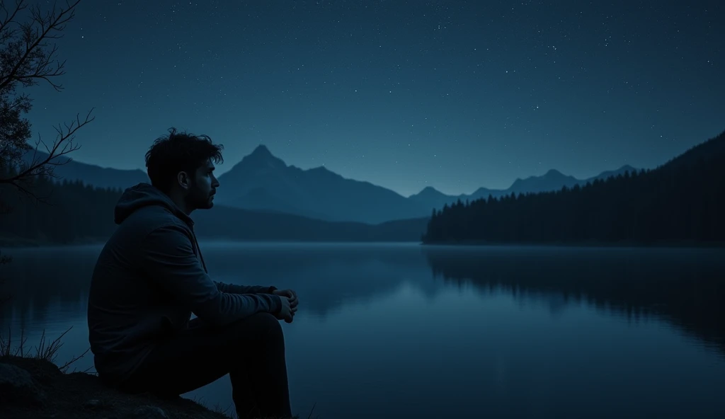 A man sits by a dark, serene lake, staring at his own reflection in the water. The night sky is filled with stars, casting a faint light over the scene. The water is still, reflecting the stars and the mans contemplative expression. The overall tone is dar...