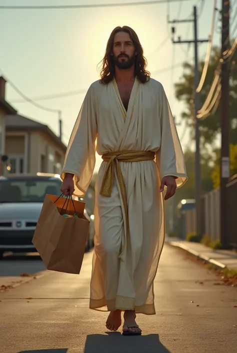 Create an ultra-realistic image of Jesus Christ walking down the streets of an urban neighborhood in the United States, carrying a typical American grocery store paper bag filled with groceries. He is dressed in simple white robes with subtle gold accents,...