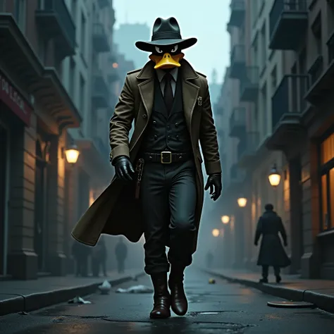 Un detective qui ressemble à darkwing duck, réaliste, mouvement, chapeau, bottes, 4k, épique