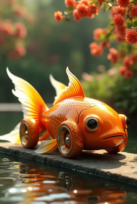 A goldfish-inspired hybrid car with a glossy, bulbous body, translucent fins curving over its rear wheels, and chrome rims resembling bubbles. The vehicle is parked near a pond in a lush garden, with soft sunlight highlighting the metallic sheen of its sca...