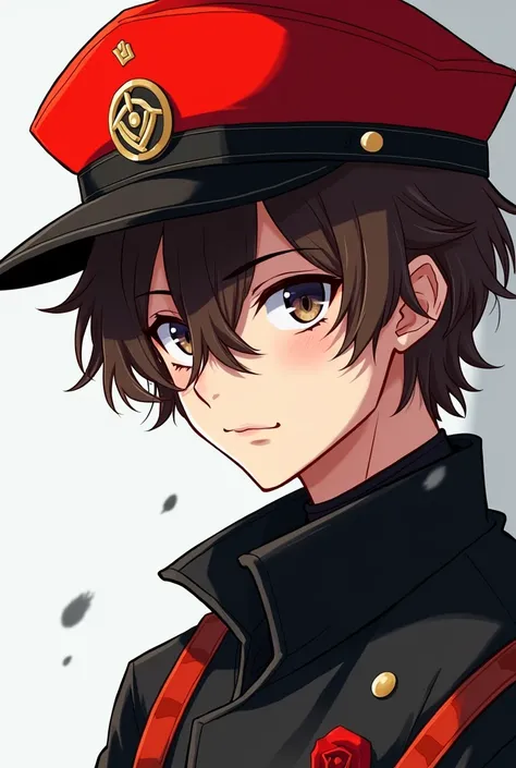 Brown Thick hair,red hat,black and white clothes,glasses,male,anime,hair cover eyes