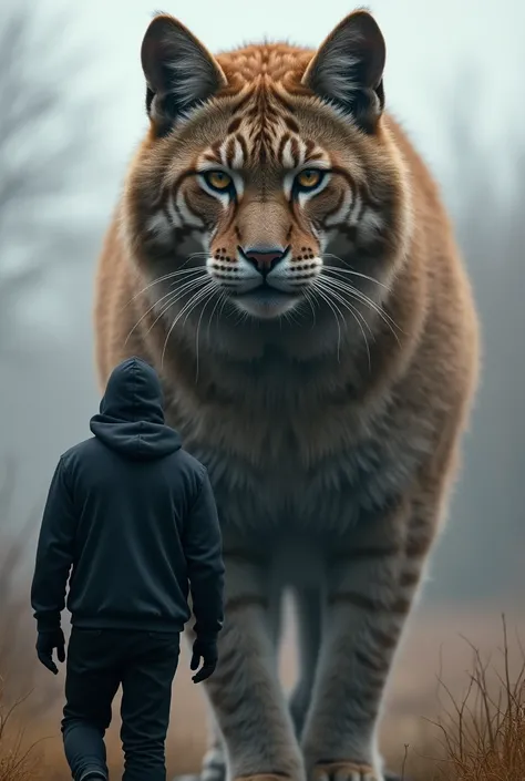 A man wearing a black hoodie jacket walks alongside the giant cat facing straight at the camera
