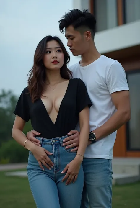 extremely detailed,couple, a 30 years old south korean woman,saggy cleavage,expose cleavage thin but has large cleavage and large buttocks, wearing black champion shirt and tight jeans with white sheakers, makeup, blue eyes,dark brown long bob hair. she is...