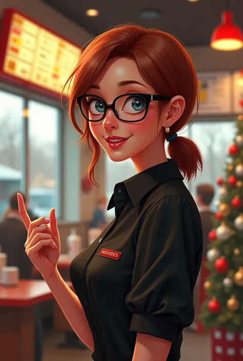 mcdo noël manager femme cheveux châtain lunette chemise noir humour