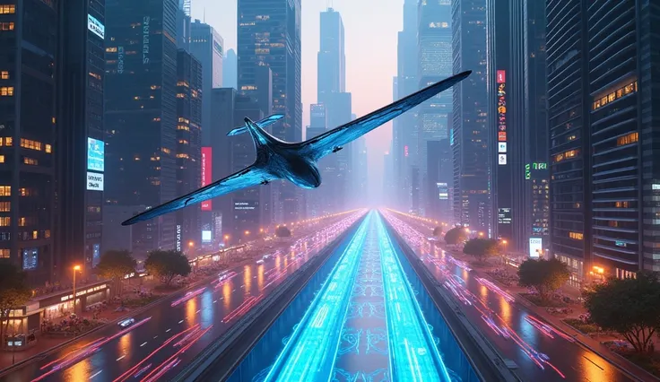 Depict a futuristic metropolis from the perspective of a bird flying over gleaming skyscrapers. The streets are filled with moving neon lights and flying vehicles, while a holographic river runs through the city. Use a tilted angle to convey a sense of spe...