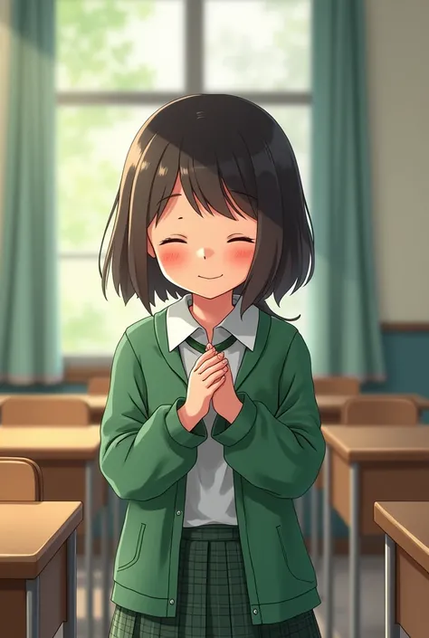 A girl praying cartoon in school uniform green checkered skirt ,white shirt and green jacket on the side rolled on the side 

