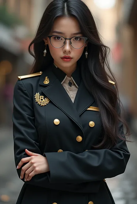 Realistic photo asian  woman with perfect long hair and a slim fit perfect body. She is wearing glasses and has a perfect face with full lips. She is wearing a stylish Role Playing Sexy military lieutenant costume in structure 