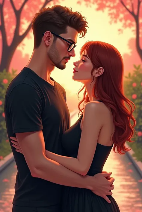 ((The best quality)), ((masterpiece)), (detailed), perfect face,Title : There is one man and one woman.man has brown curly hair,white skinned,wearing glasses,wearing black tshirt and has little bit goatee.woman has straight auburn hair,white skinned and we...