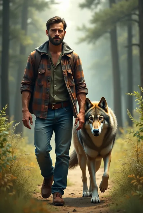 A man in casual attire with a wolf walking together 