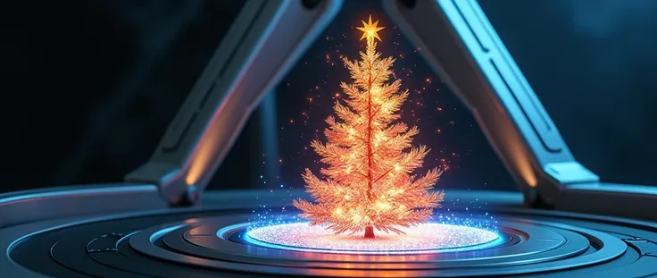 STAR TREK style Christmas hologram  tree on a star trek style space platform with red, yellow and blue lights