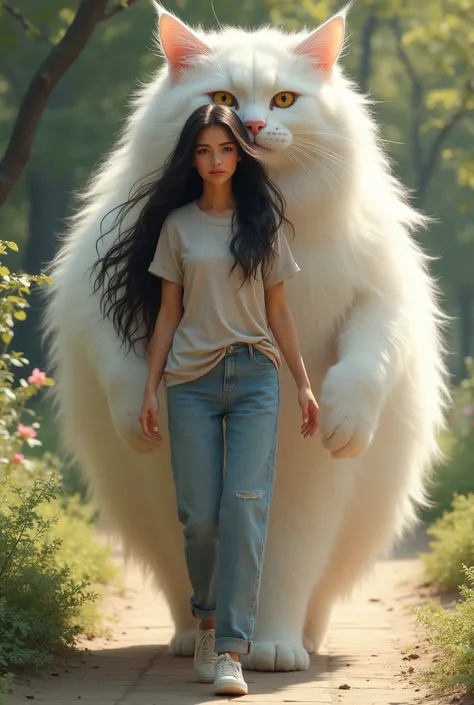 I am a beautiful woman with long black hair in casual clothes walking with a very large Angora cat