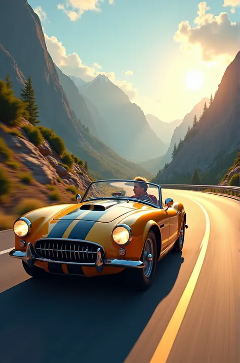  A convertible with a man driving on the highway in summer, mountains behind which the sun is peeking out . 