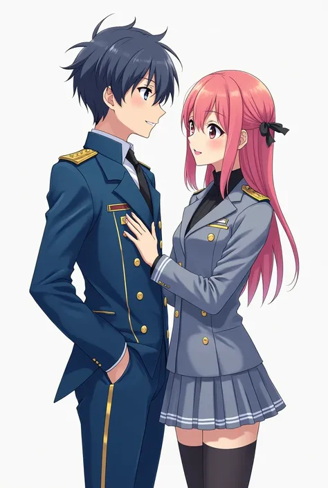 Now create an anime version of a man and a woman wearing a full uniform in the colors blue and gray
