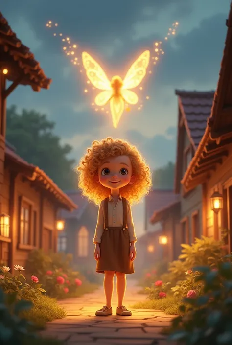 Animated image: "Ella cute girl with curly golden hair, standing confidently in the center of the village with a warm, magical glow around her. Her Fairy Mother appears faintly in the background, smiling lovingly, with shimmering wings glowing softly under...